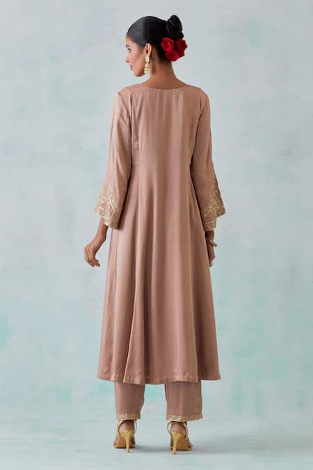 Shop Ikshita Choudhary Beige Satin, Organza Sequins, Embroidery Square Neck Hand A-line Kurta Set at Aza Fashions Shop_Ikshita Choudhary_Beige Satin, Organza Sequins, Embroidery Square Neck Hand A-line Kurta Set _at_Aza_Fashions