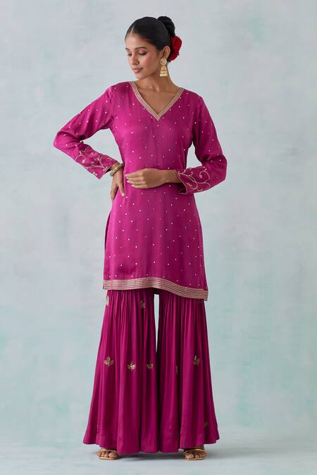 Ikshita Choudhary Magenta Satin, Organza Embroidery, Sequins V-neck Hand Kurta Sharara Set Online at Aza Fashions Ikshita Choudhary_Magenta Satin, Organza Embroidery, Sequins V-neck Hand Kurta Sharara Set _Online_at_Aza_Fashions