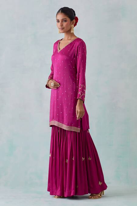 Buy Ikshita Choudhary Magenta Satin, Organza Embroidery, Sequins V-neck Hand Kurta Sharara Set Online at Aza Fashions Buy_Ikshita Choudhary_Magenta Satin, Organza Embroidery, Sequins V-neck Hand Kurta Sharara Set _Online_at_Aza_Fashions