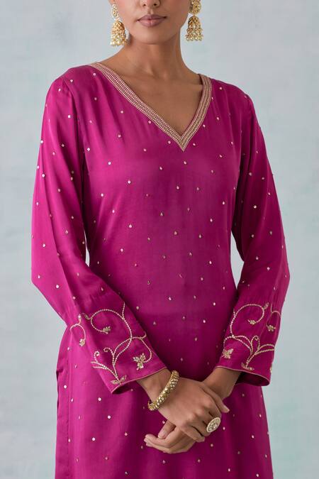 Shop Ikshita Choudhary Magenta Satin, Organza Embroidery, Sequins V-neck Hand Kurta Sharara Set Online at Aza Fashions Shop_Ikshita Choudhary_Magenta Satin, Organza Embroidery, Sequins V-neck Hand Kurta Sharara Set _Online_at_Aza_Fashions