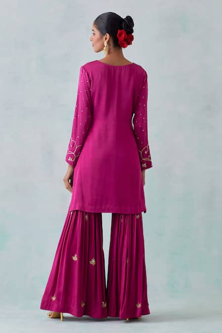 Shop Ikshita Choudhary Magenta Satin, Organza Embroidery, Sequins V-neck Hand Kurta Sharara Set at Aza Fashions Shop_Ikshita Choudhary_Magenta Satin, Organza Embroidery, Sequins V-neck Hand Kurta Sharara Set _at_Aza_Fashions