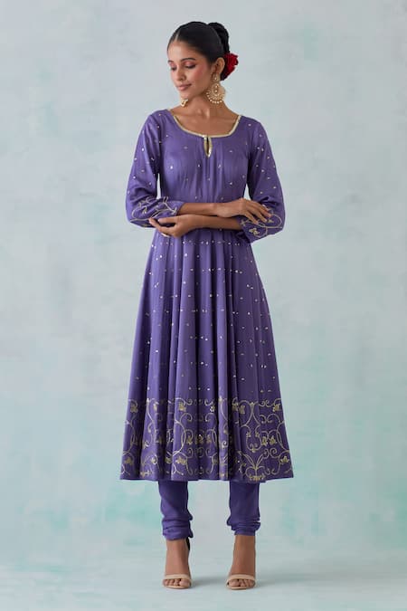 Ikshita Choudhary Purple Satin, Chiffon Embroidery, Sequins Round Neck, Keyhole Hand Anarkali Set Online at Aza Fashions Ikshita Choudhary_Purple Satin, Chiffon Embroidery, Sequins Round Neck, Keyhole Hand Anarkali Set _Online_at_Aza_Fashions