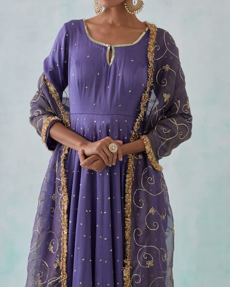 Buy Ikshita Choudhary Purple Satin, Chiffon Embroidery, Sequins Round Neck, Keyhole Hand Anarkali Set Buy_Ikshita Choudhary_Purple Satin, Chiffon Embroidery, Sequins Round Neck, Keyhole Hand Anarkali Set