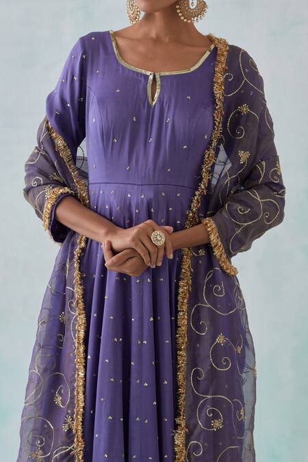 Shop Ikshita Choudhary Purple Satin, Chiffon Embroidery, Sequins Round Neck, Keyhole Hand Anarkali Set Shop_Ikshita Choudhary_Purple Satin, Chiffon Embroidery, Sequins Round Neck, Keyhole Hand Anarkali Set