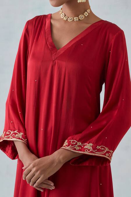Buy Ikshita Choudhary Red Satin, Organza Embroidery, Sequins V-neck Hand Kurta Set Online at Aza Fashions Buy_Ikshita Choudhary_Red Satin, Organza Embroidery, Sequins V-neck Hand Kurta Set _Online_at_Aza_Fashions