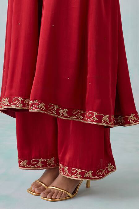 Shop Ikshita Choudhary Red Satin, Organza Embroidery, Sequins V-neck Hand Kurta Set Online at Aza Fashions Shop_Ikshita Choudhary_Red Satin, Organza Embroidery, Sequins V-neck Hand Kurta Set _Online_at_Aza_Fashions
