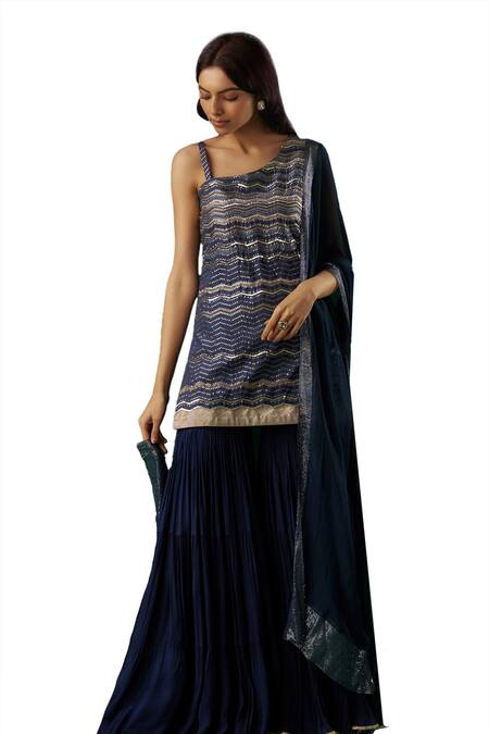 Breathe By Aakanksha Singh_Blue Brocade, Georgette, Silk Sequins One Alkimia Chevron Kurta Sharara Set _Online_at_Aza_Fashions