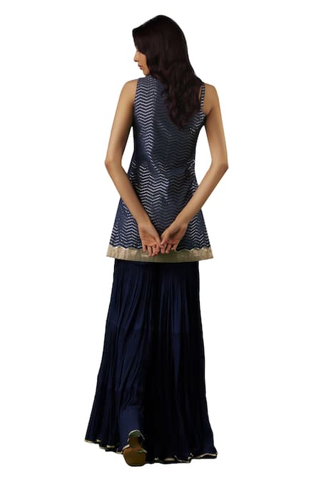 Buy_Breathe By Aakanksha Singh_Blue Brocade, Georgette, Silk Sequins One Alkimia Chevron Kurta Sharara Set _Online_at_Aza_Fashions