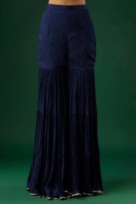 Shop_Breathe By Aakanksha Singh_Blue Brocade, Georgette, Silk Sequins One Alkimia Chevron Kurta Sharara Set _Online_at_Aza_Fashions