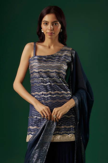 Breathe By Aakanksha Singh_Blue Brocade, Georgette, Silk Sequins One Alkimia Chevron Kurta Sharara Set _at_Aza_Fashions