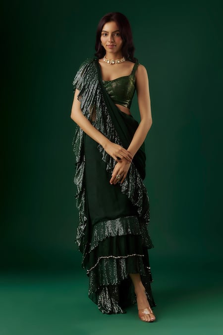 Breathe by Aakanksha Singh Green Shimmer Georgette Textured Antimony Pre-draped Ruffle Saree With Blouse 