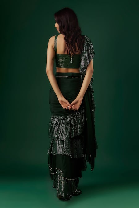Shop Breathe By Aakanksha Singh Green Georgette, Chiffon Antimony Textured Pre-draped Ruffle Saree With Blouse at Aza Fashions Shop_Breathe By Aakanksha Singh_Green Georgette, Chiffon Antimony Textured Pre-draped Ruffle Saree With Blouse _at_Aza_Fashions