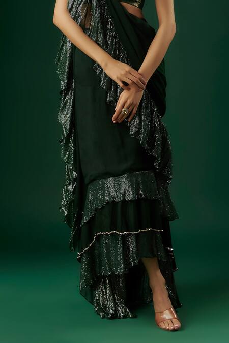Breathe By Aakanksha Singh Green Georgette, Chiffon Antimony Textured Pre-draped Ruffle Saree With Blouse Online at Aza Fashions Breathe By Aakanksha Singh_Green Georgette, Chiffon Antimony Textured Pre-draped Ruffle Saree With Blouse _Online_at_Aza_Fashions