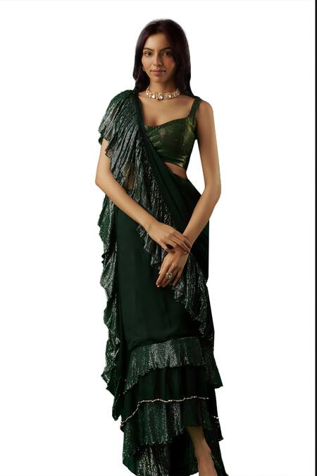 Buy Breathe By Aakanksha Singh Green Georgette, Chiffon Antimony Textured Pre-draped Ruffle Saree With Blouse Online at Aza Fashions Buy_Breathe By Aakanksha Singh_Green Georgette, Chiffon Antimony Textured Pre-draped Ruffle Saree With Blouse _Online_at_Aza_Fashions