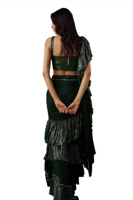 Shop Breathe By Aakanksha Singh Green Georgette, Chiffon Antimony Textured Pre-draped Ruffle Saree With Blouse Online at Aza Fashions Shop_Breathe By Aakanksha Singh_Green Georgette, Chiffon Antimony Textured Pre-draped Ruffle Saree With Blouse _Online_at_Aza_Fashions