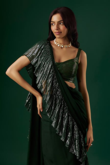 Breathe By Aakanksha Singh Green Georgette, Chiffon Antimony Textured Pre-draped Ruffle Saree With Blouse at Aza Fashions Breathe By Aakanksha Singh_Green Georgette, Chiffon Antimony Textured Pre-draped Ruffle Saree With Blouse _at_Aza_Fashions