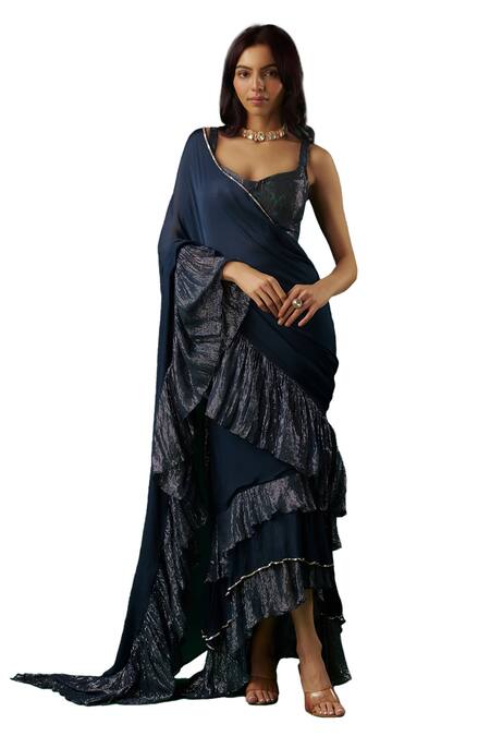 Breathe By Aakanksha Singh_Blue Georgette, Chiffon Sequins Augur Tiered Pre-draped Ruffle Saree With Blouse _Online_at_Aza_Fashions