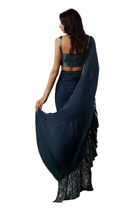Buy_Breathe By Aakanksha Singh_Blue Georgette, Chiffon Sequins Augur Tiered Pre-draped Ruffle Saree With Blouse _Online_at_Aza_Fashions