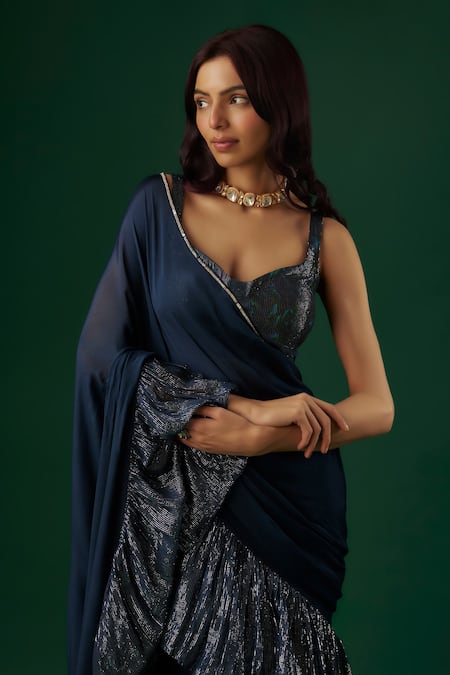 Shop_Breathe By Aakanksha Singh_Blue Georgette, Chiffon Sequins Augur Tiered Pre-draped Ruffle Saree With Blouse _Online_at_Aza_Fashions