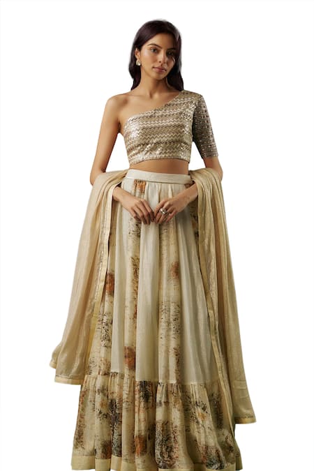 Breathe By Aakanksha Singh Ivory Brocade, Georgette Sequins One Cassandra Printed Textured Lehenga Set Online at Aza Fashions Breathe By Aakanksha Singh_Ivory Brocade, Georgette Sequins One Cassandra Printed Textured Lehenga Set _Online_at_Aza_Fashions
