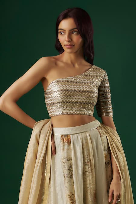 Breathe By Aakanksha Singh Ivory Brocade, Georgette Sequins One Cassandra Printed Textured Lehenga Set at Aza Fashions Breathe By Aakanksha Singh_Ivory Brocade, Georgette Sequins One Cassandra Printed Textured Lehenga Set _at_Aza_Fashions