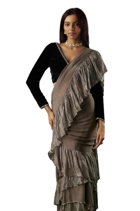 Breathe By Aakanksha Singh_Grey Velvet, Chiffon Sequins Charmer Pre-draped Ruffle Tiered Saree With Blouse _Online_at_Aza_Fashions
