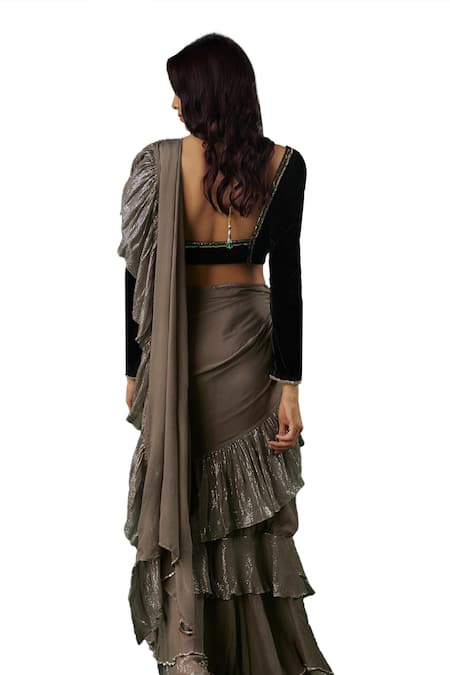 Buy_Breathe By Aakanksha Singh_Grey Velvet, Chiffon Sequins Charmer Pre-draped Ruffle Tiered Saree With Blouse _Online_at_Aza_Fashions