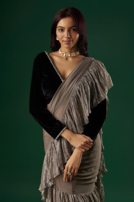 Shop_Breathe By Aakanksha Singh_Grey Velvet, Chiffon Sequins Charmer Pre-draped Ruffle Tiered Saree With Blouse _Online_at_Aza_Fashions