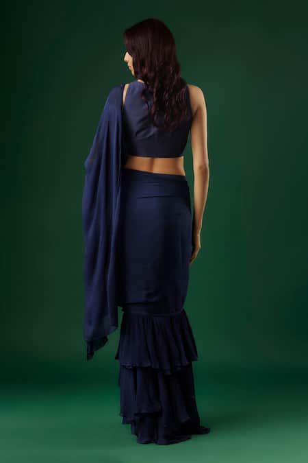 Breathe By Aakanksha Singh Cleopatra Solid Pre-Draped Ruffle Saree With Blouse 