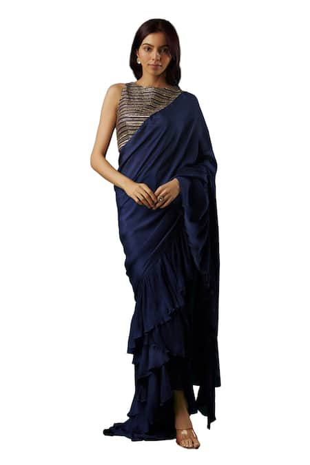 Breathe By Aakanksha Singh_Blue Silk, Chiffon Sequins Cleopatra Solid Pre-draped Ruffle Saree With Blouse _Online_at_Aza_Fashions