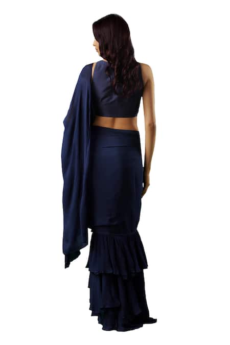 Buy_Breathe By Aakanksha Singh_Blue Silk, Chiffon Sequins Cleopatra Solid Pre-draped Ruffle Saree With Blouse _Online_at_Aza_Fashions