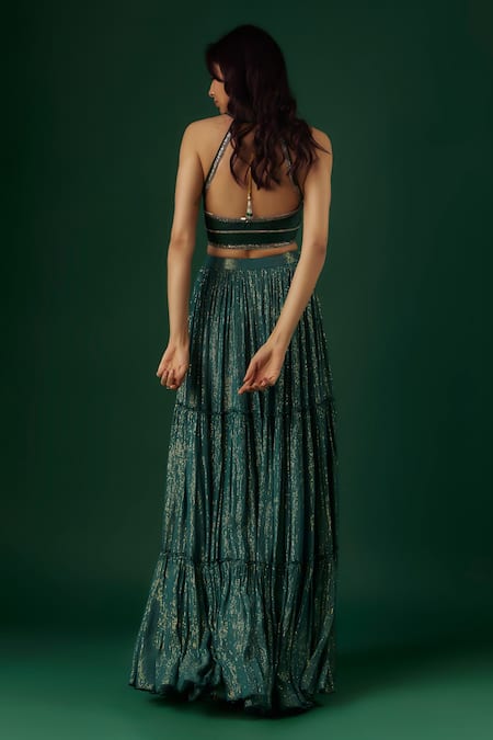 Shop Breathe By Aakanksha Singh Green Silk, Georgette Sequins V-neck Divination Textured Tiered Lehenga Set at Aza Fashions Shop_Breathe By Aakanksha Singh_Green Silk, Georgette Sequins V-neck Divination Textured Tiered Lehenga Set _at_Aza_Fashions