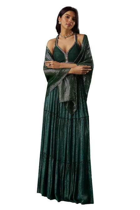 Breathe By Aakanksha Singh Green Silk, Georgette Sequins V-neck Divination Textured Tiered Lehenga Set Online at Aza Fashions Breathe By Aakanksha Singh_Green Silk, Georgette Sequins V-neck Divination Textured Tiered Lehenga Set _Online_at_Aza_Fashions