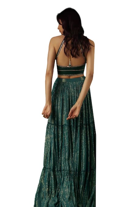 Buy Breathe By Aakanksha Singh Green Silk, Georgette Sequins V-neck Divination Textured Tiered Lehenga Set Online at Aza Fashions Buy_Breathe By Aakanksha Singh_Green Silk, Georgette Sequins V-neck Divination Textured Tiered Lehenga Set _Online_at_Aza_Fashions