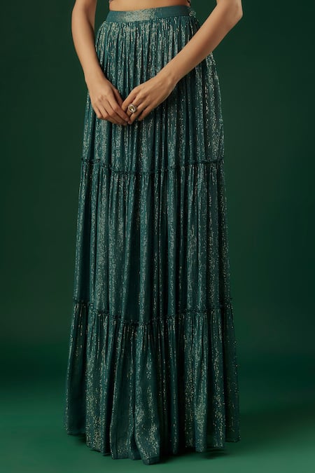 Shop Breathe By Aakanksha Singh Green Silk, Georgette Sequins V-neck Divination Textured Tiered Lehenga Set Online at Aza Fashions Shop_Breathe By Aakanksha Singh_Green Silk, Georgette Sequins V-neck Divination Textured Tiered Lehenga Set _Online_at_Aza_Fashions