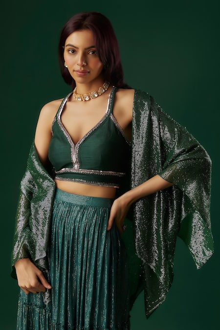 Breathe By Aakanksha Singh Green Silk, Georgette Sequins V-neck Divination Textured Tiered Lehenga Set at Aza Fashions Breathe By Aakanksha Singh_Green Silk, Georgette Sequins V-neck Divination Textured Tiered Lehenga Set _at_Aza_Fashions