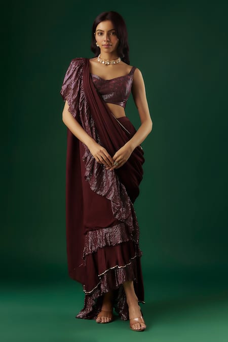 Breathe by Aakanksha Singh Wine Shimmer Georgette Textured Enchantress Pre-draped Ruffle Saree With Blouse