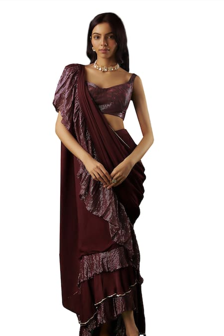 Breathe By Aakanksha Singh_Wine Georgette, Chiffon Enchantress Pre-draped Ruffle Textured Saree With Blouse _Online_at_Aza_Fashions