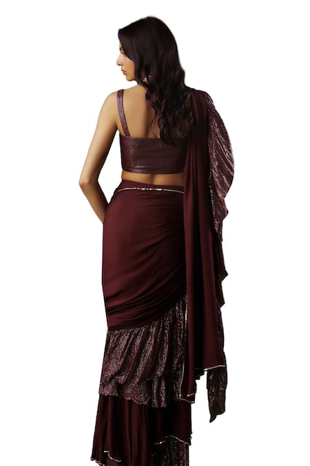 Buy_Breathe By Aakanksha Singh_Wine Georgette, Chiffon Enchantress Pre-draped Ruffle Textured Saree With Blouse _Online_at_Aza_Fashions