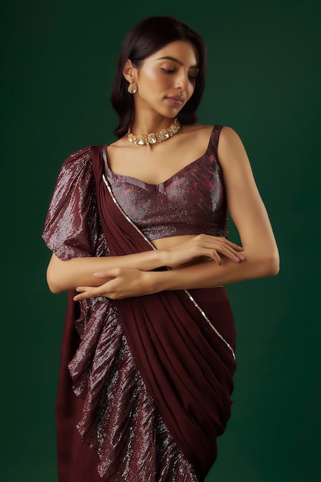 Shop_Breathe By Aakanksha Singh_Wine Georgette, Chiffon Enchantress Pre-draped Ruffle Textured Saree With Blouse _Online_at_Aza_Fashions