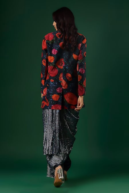 Shop_Breathe By Aakanksha Singh_Blue Georgette, Silk Sequins, Magician Rose Pattern Jacket Pre-draped Pant Saree _at_Aza_Fashions