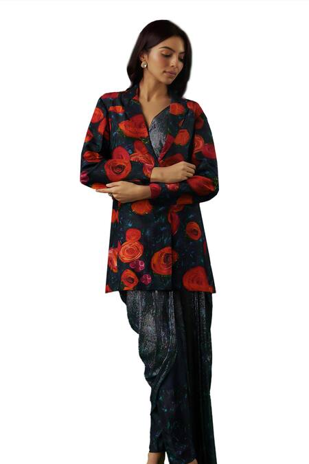 Breathe By Aakanksha Singh_Blue Georgette, Silk Sequins, Magician Rose Pattern Jacket Pre-draped Pant Saree _Online_at_Aza_Fashions