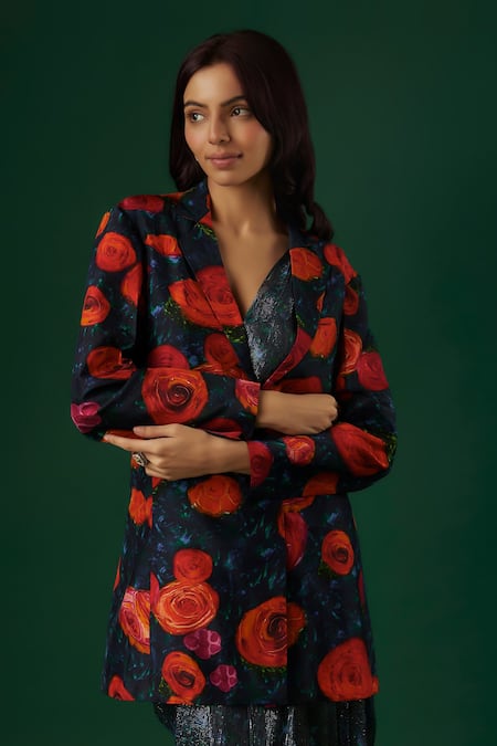 Breathe By Aakanksha Singh_Blue Georgette, Silk Sequins, Magician Rose Pattern Jacket Pre-draped Pant Saree _at_Aza_Fashions