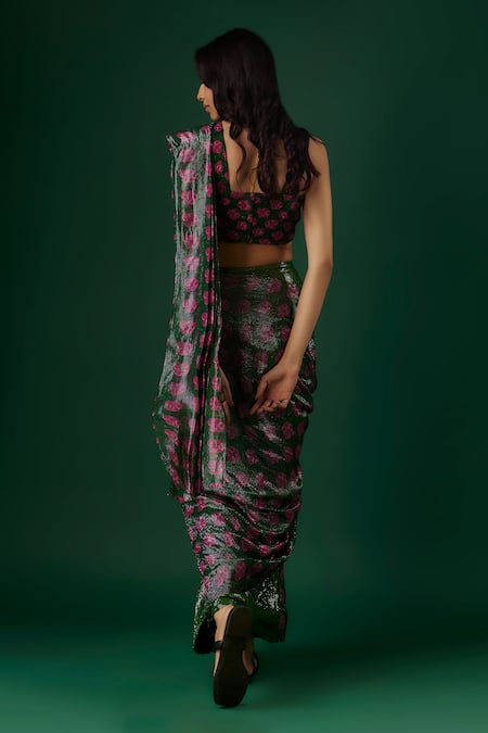 Shop Breathe By Aakanksha Singh Wine Georgette, Silk Sequins, Mascot Floral Printed Pre-draped Saree With Blouse at Aza Fashions Shop_Breathe By Aakanksha Singh_Wine Georgette, Silk Sequins, Mascot Floral Printed Pre-draped Saree With Blouse _at_Aza_Fashions