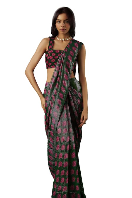 Breathe By Aakanksha Singh Wine Georgette, Silk Sequins, Mascot Floral Printed Pre-draped Saree With Blouse Online at Aza Fashions Breathe By Aakanksha Singh_Wine Georgette, Silk Sequins, Mascot Floral Printed Pre-draped Saree With Blouse _Online_at_Aza_Fashions