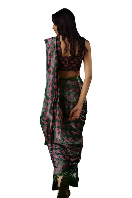 Buy Breathe By Aakanksha Singh Wine Georgette, Silk Sequins, Mascot Floral Printed Pre-draped Saree With Blouse Online at Aza Fashions Buy_Breathe By Aakanksha Singh_Wine Georgette, Silk Sequins, Mascot Floral Printed Pre-draped Saree With Blouse _Online_at_Aza_Fashions