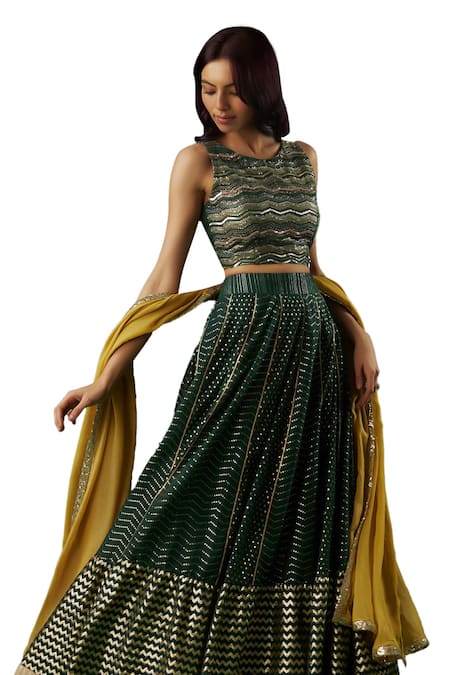 Breathe By Aakanksha Singh_Green Brocade, Georgette Sequins Mystic Embellished Chevron Lehenga Set For Kids_Online_at_Aza_Fashions