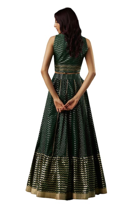 Buy_Breathe By Aakanksha Singh_Green Brocade, Georgette Sequins Mystic Embellished Chevron Lehenga Set For Kids_Online_at_Aza_Fashions
