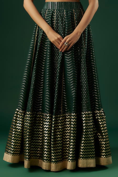 Shop_Breathe By Aakanksha Singh_Green Brocade, Georgette Sequins Mystic Embellished Chevron Lehenga Set For Kids_Online_at_Aza_Fashions