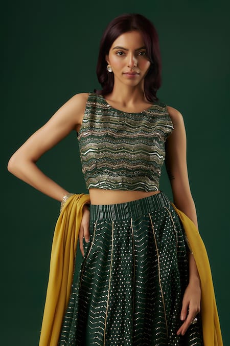 Breathe By Aakanksha Singh_Green Brocade, Georgette Sequins Mystic Embellished Chevron Lehenga Set For Kids_at_Aza_Fashions